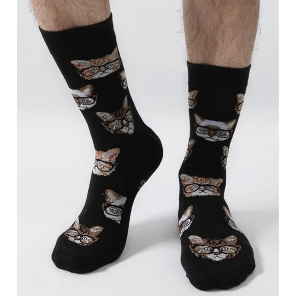 NEW Hipster Cat Kitten With Glasses Men’s Novelty Logo Crew Socks 1 Pair - Picture 2 of 2